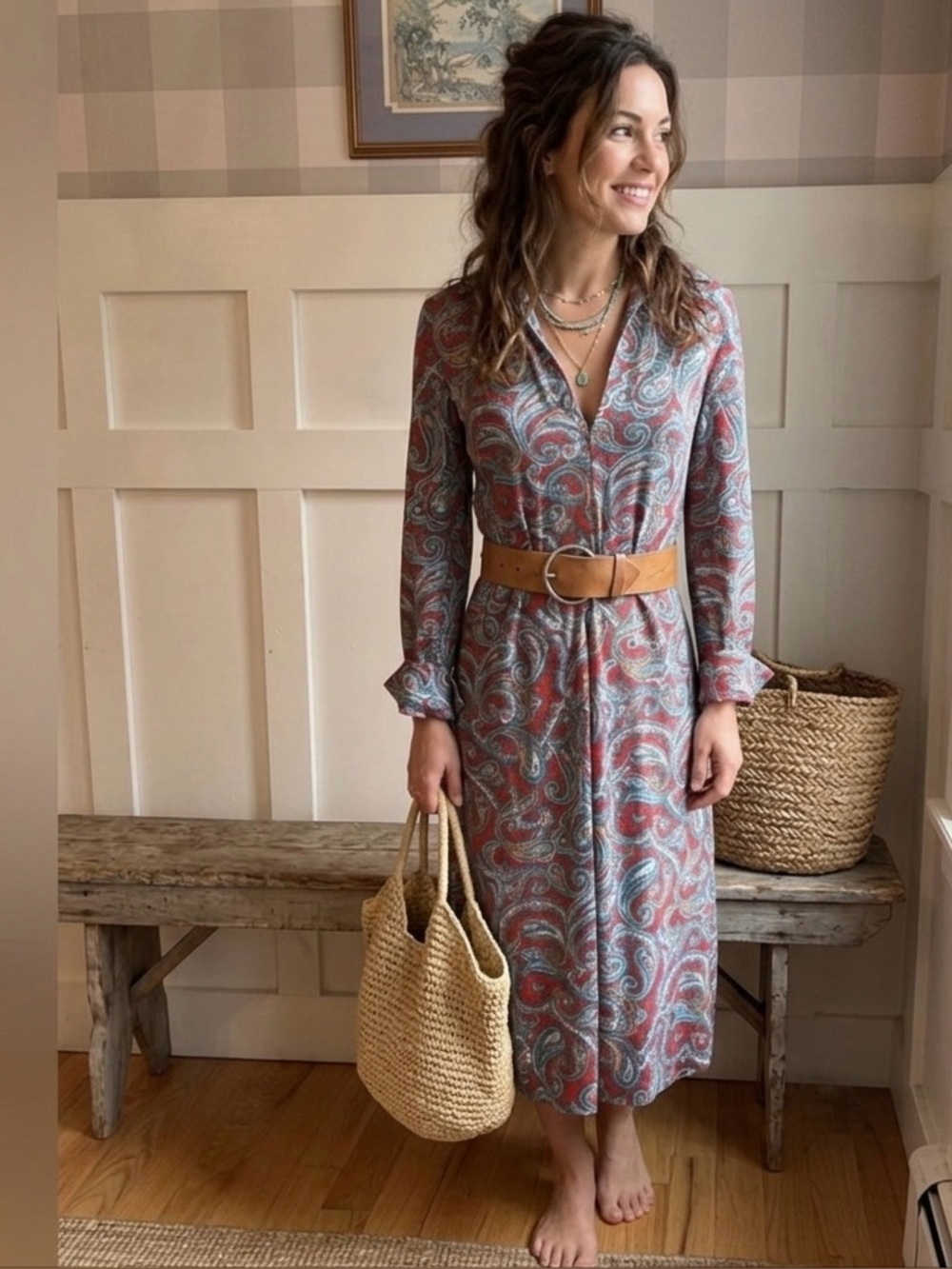 Paisley V-Neck Midi Dress in Rust and Dusty Blue